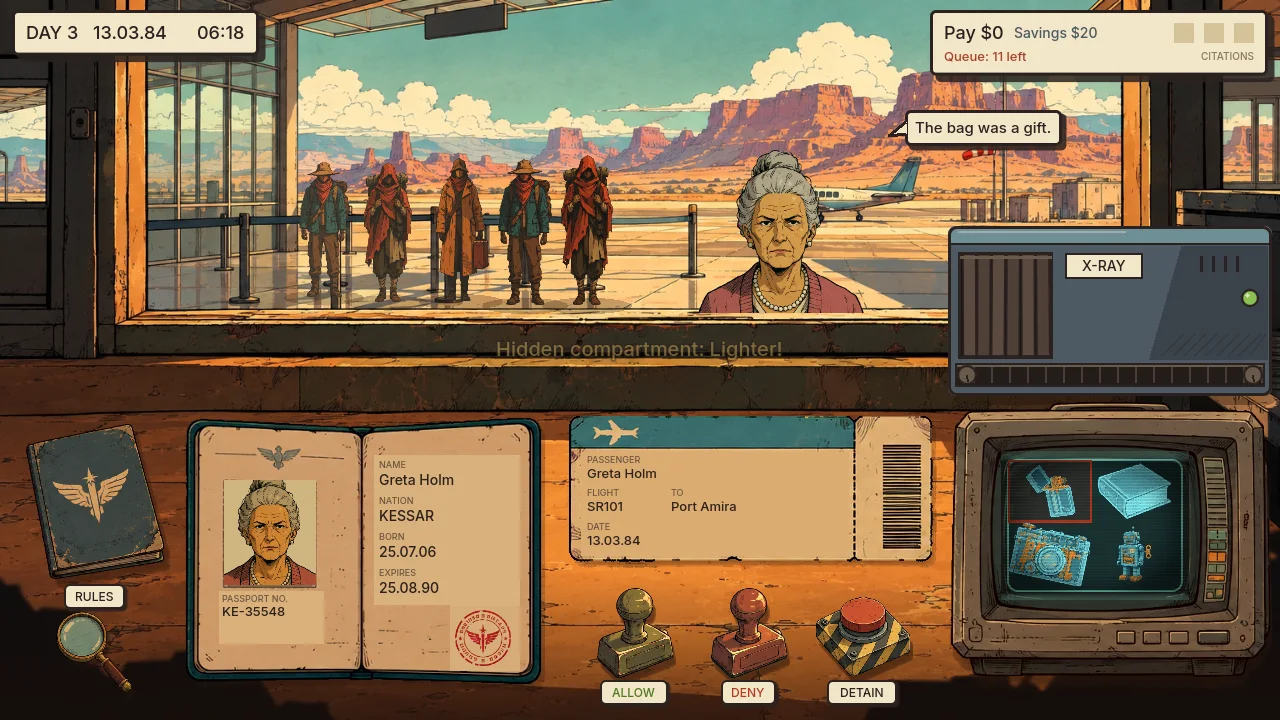 The border-control game: an old woman at the booth, her passport and ticket on the desk, and an X-ray of her bag showing a hidden compartment.