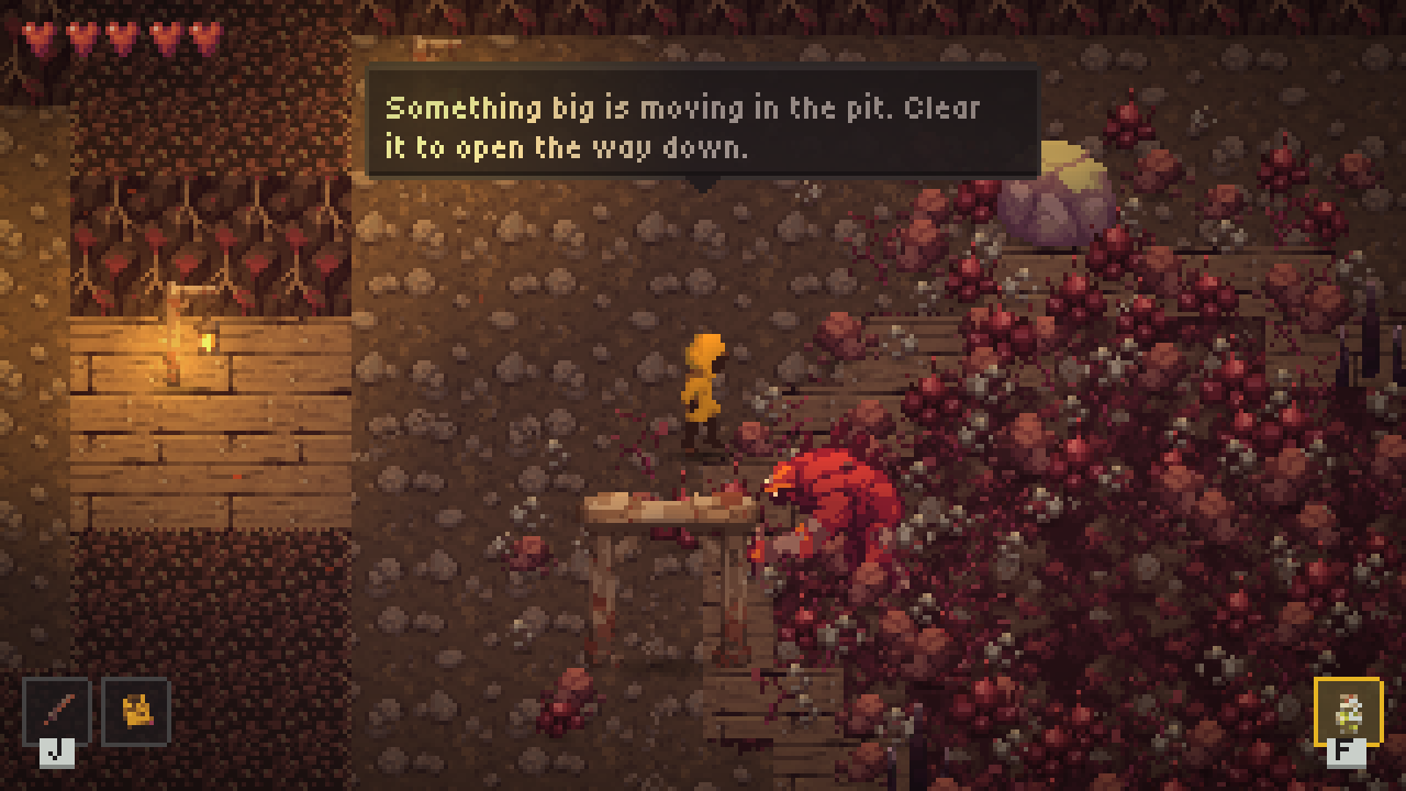The top-down pixel-art game: the hero in a yellow raincoat at the edge of a pit where a red creature moves.