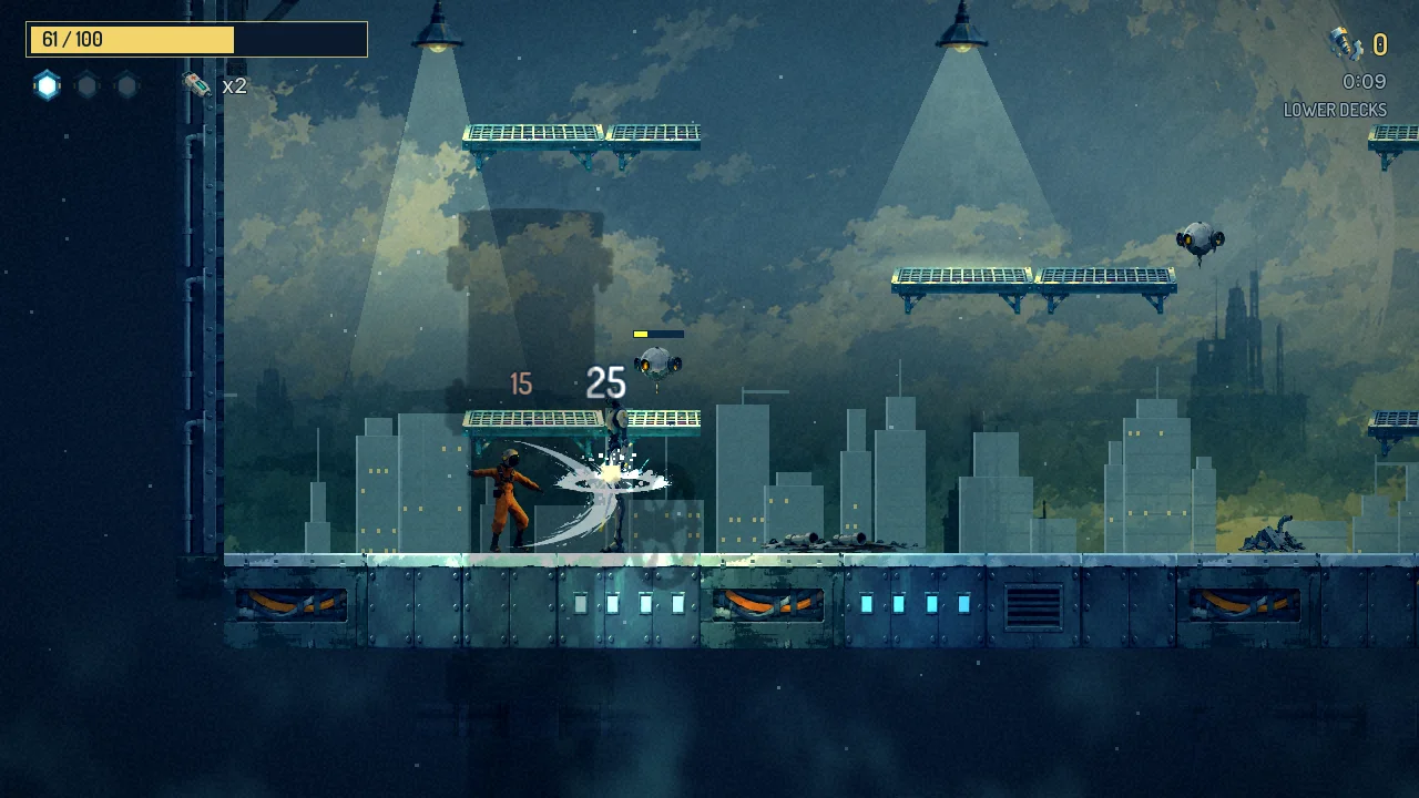 The space-station game: the hero mid-strike among robots, damage numbers over them and an explosion behind.