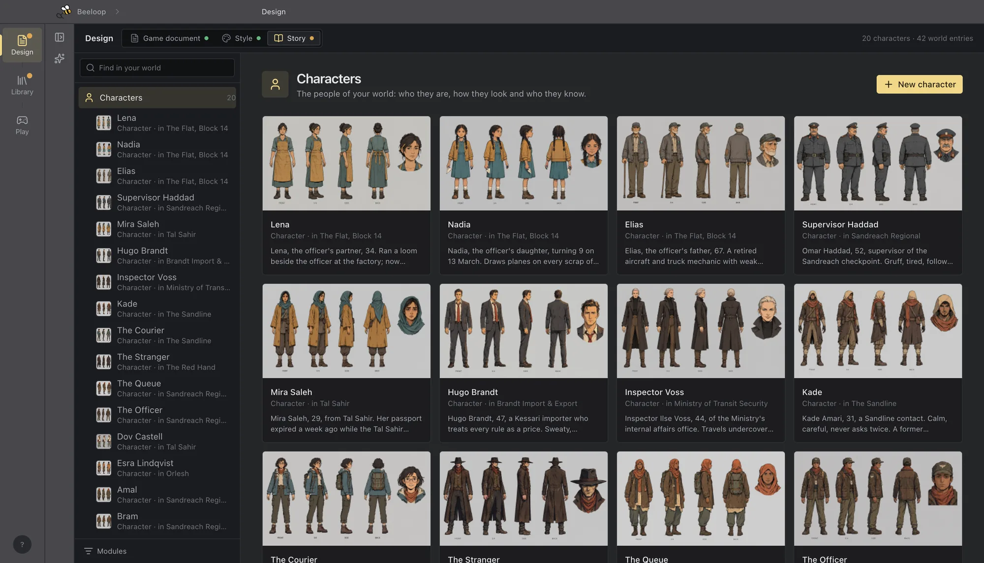 A border-control game's Story tab: twenty characters in a list beside a grid of their concept sheets, each drawn from the front, side and back with a face up close.