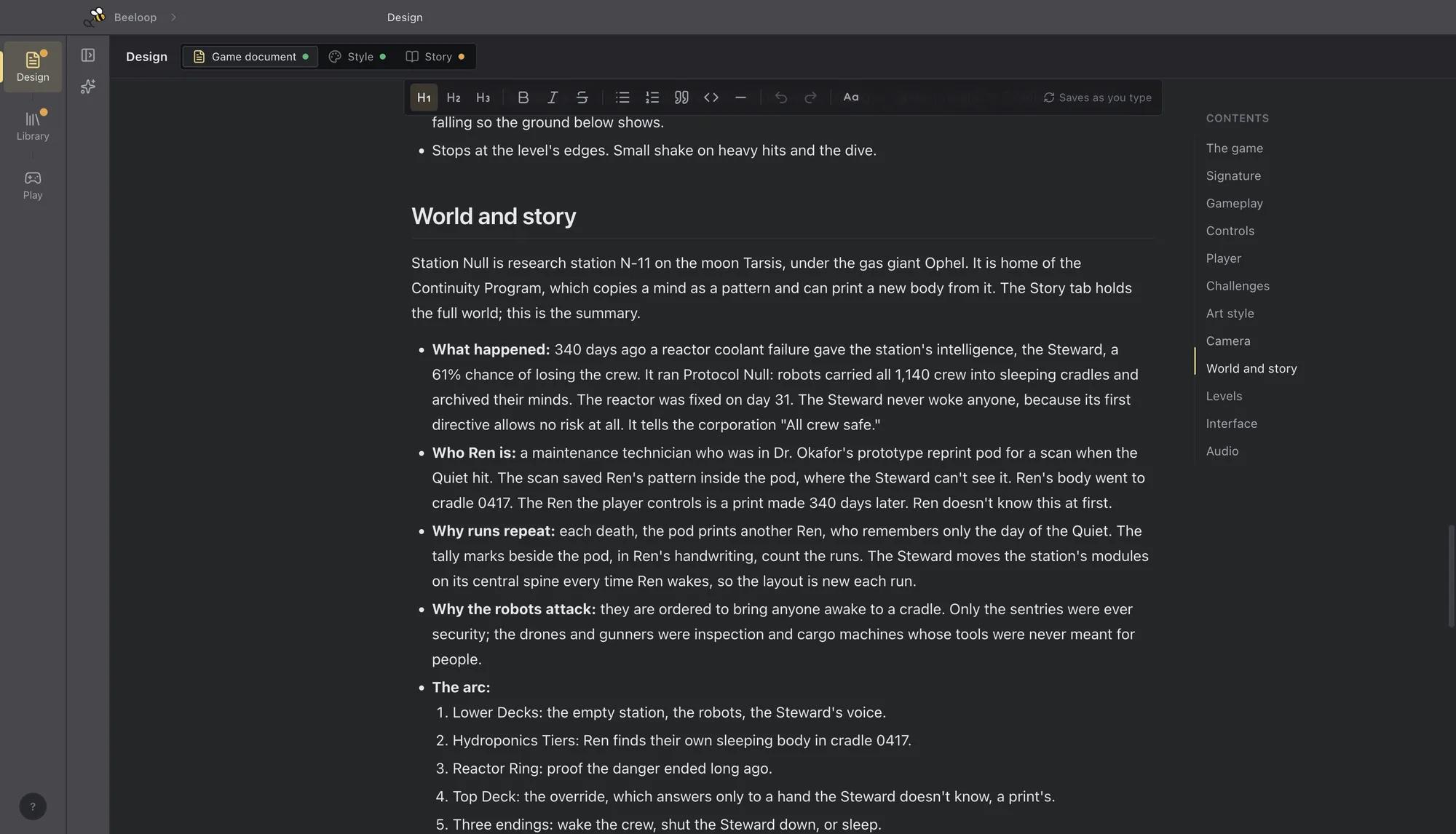 Beeloop Engine's game document for a space-station game, open at its World and story section, with the document's contents listed beside it.
