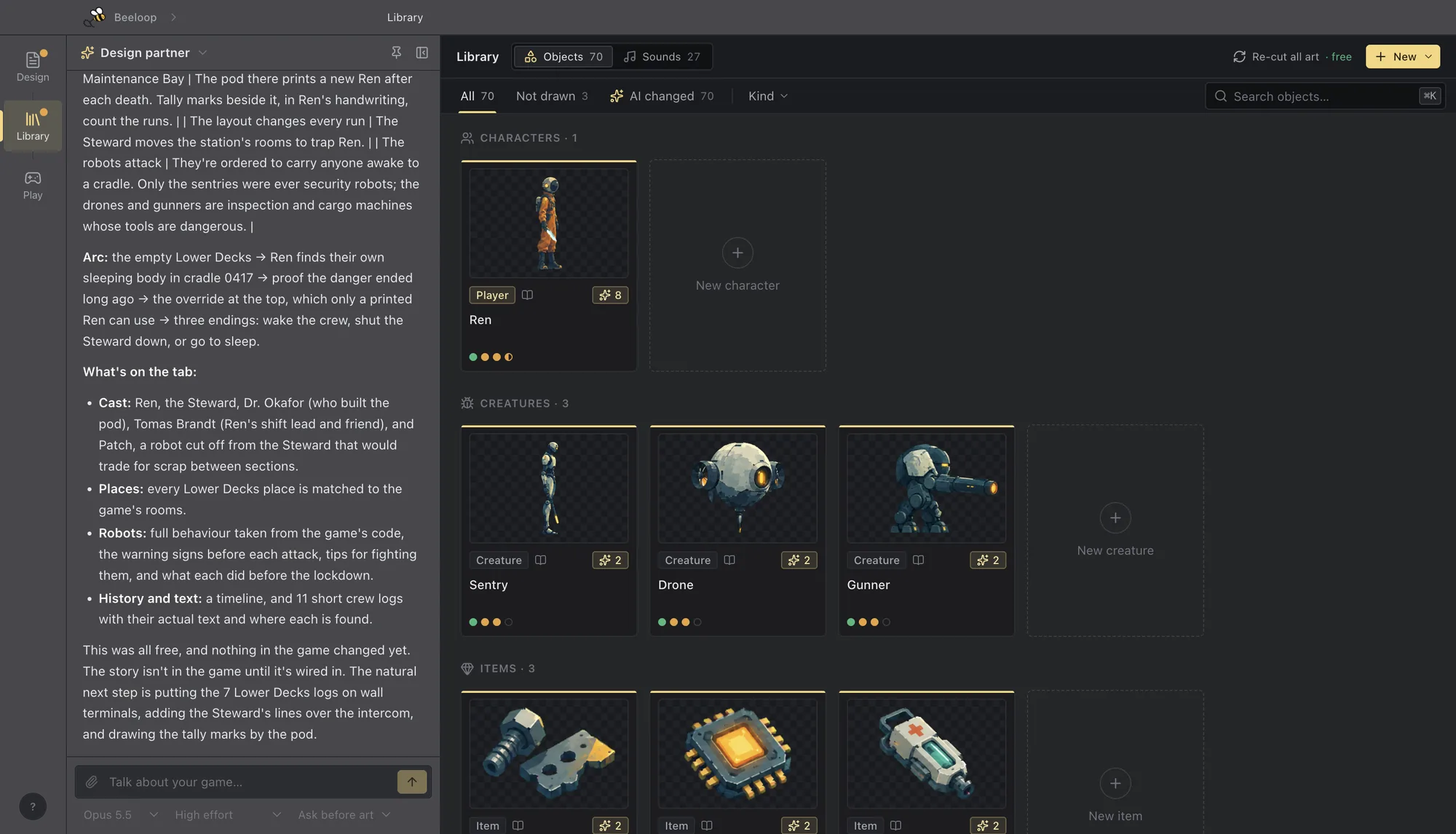 The library of the space-station game: the hero, a sentry, a drone and a gunner robot, and items like a scrap bolt, a glowing core and a med kit.