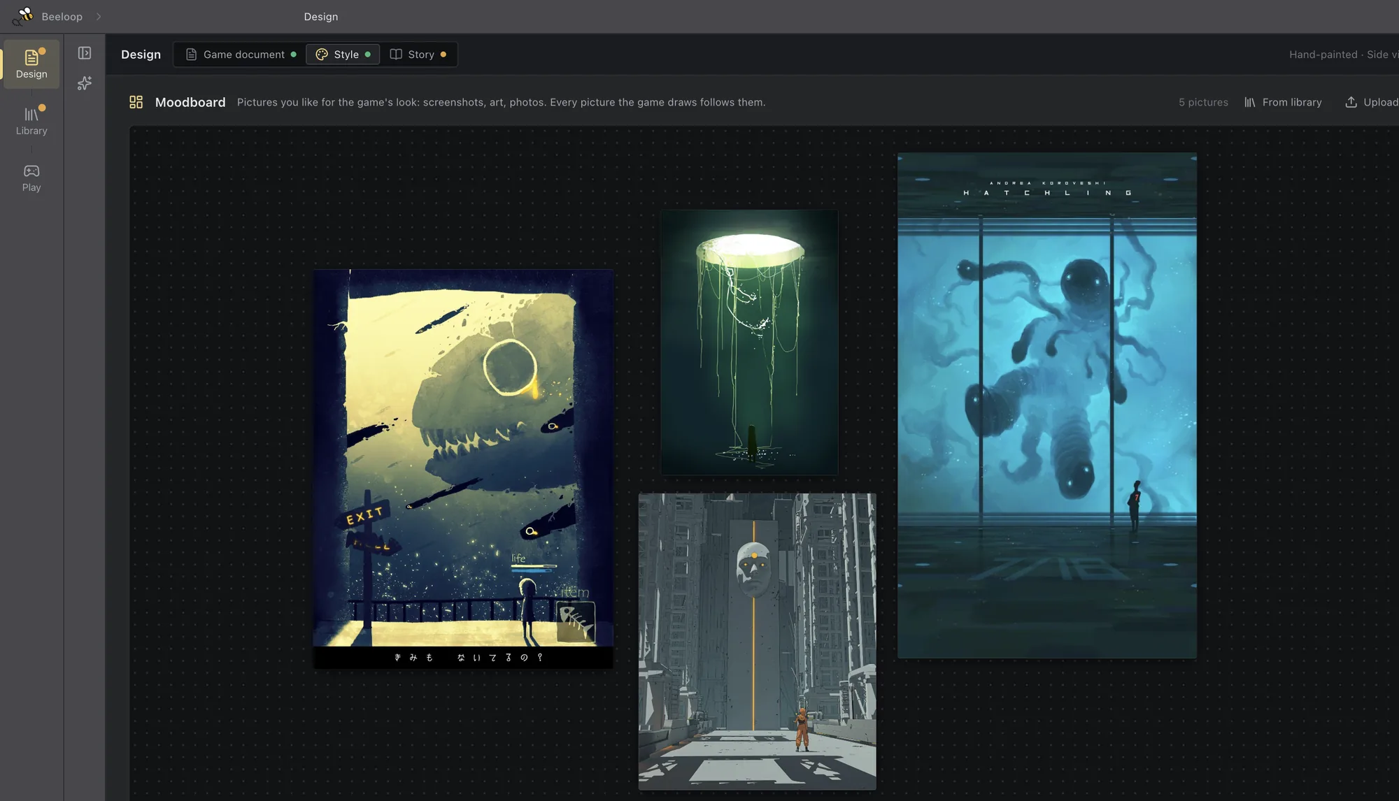The space-station game's moodboard: four pinned posters, a giant fish skeleton over a flooded station, a green-lit shaft, a mask on a tower above a tiny figure, and a creature in a glass tank.