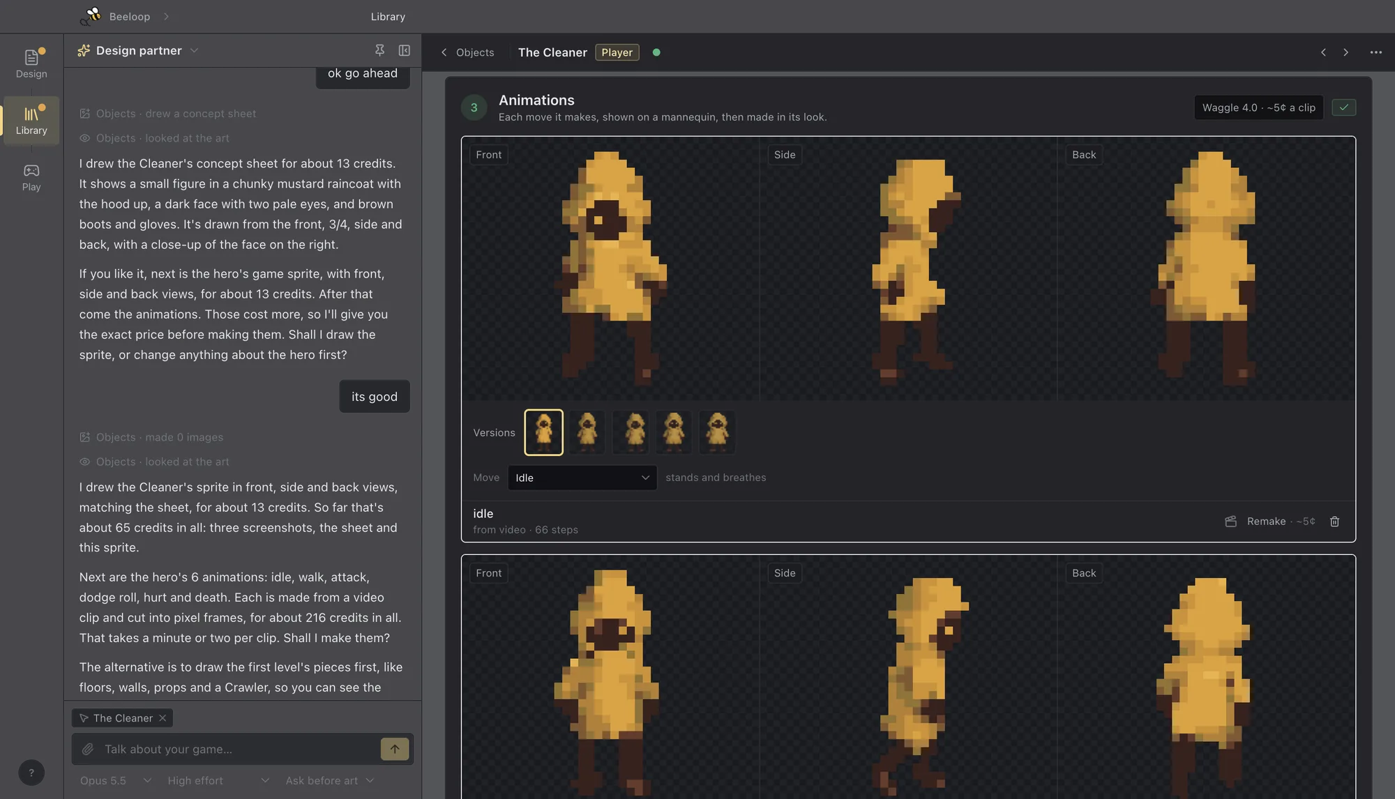 A pixel-art hero's animations in the library, front, side and back, beside the chat saying what the concept sheet, the sprite and the six animations cost before making them.