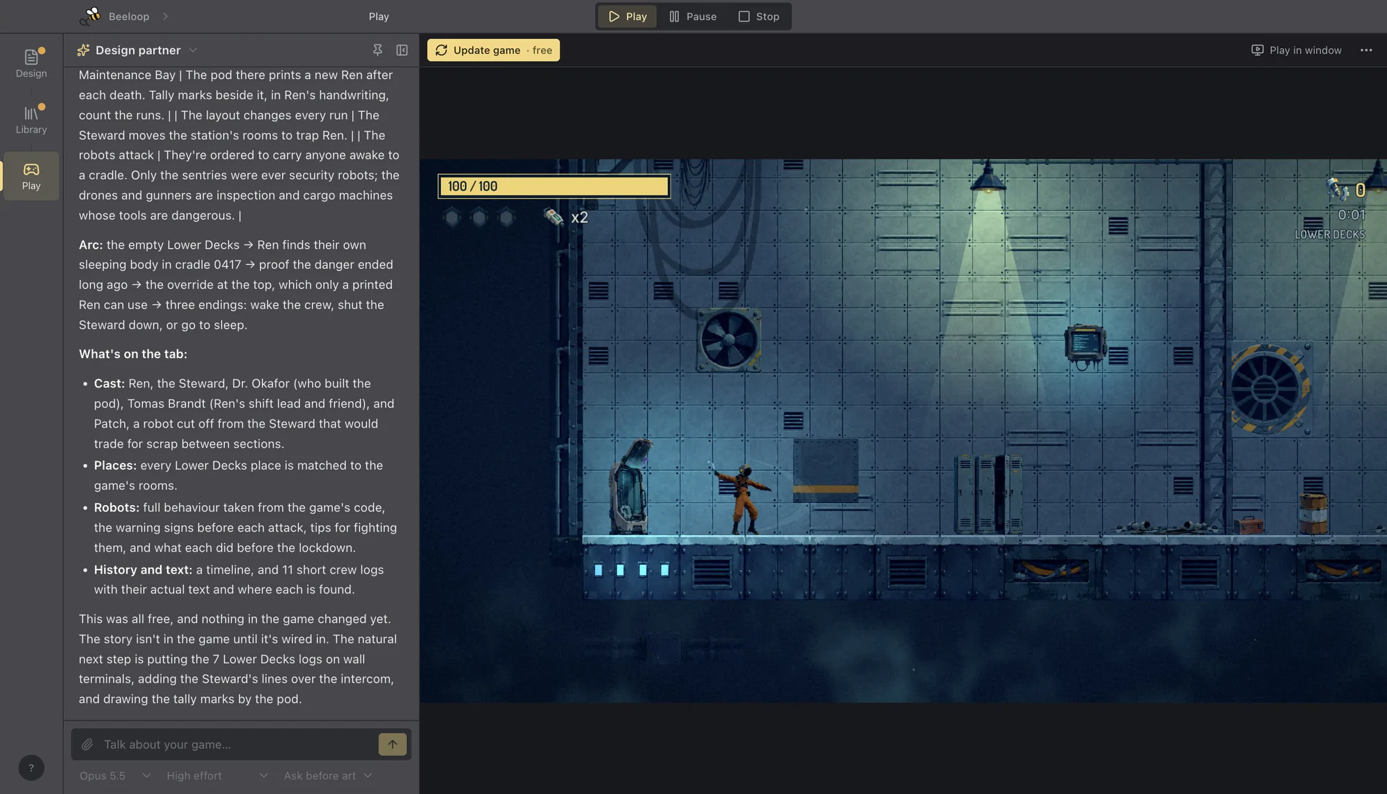 Beeloop Engine with a space-station game running in its Play tab: the hero in an orange jumpsuit swings a glowing blade beside a robot's pod, under the chat that wrote the game's story.