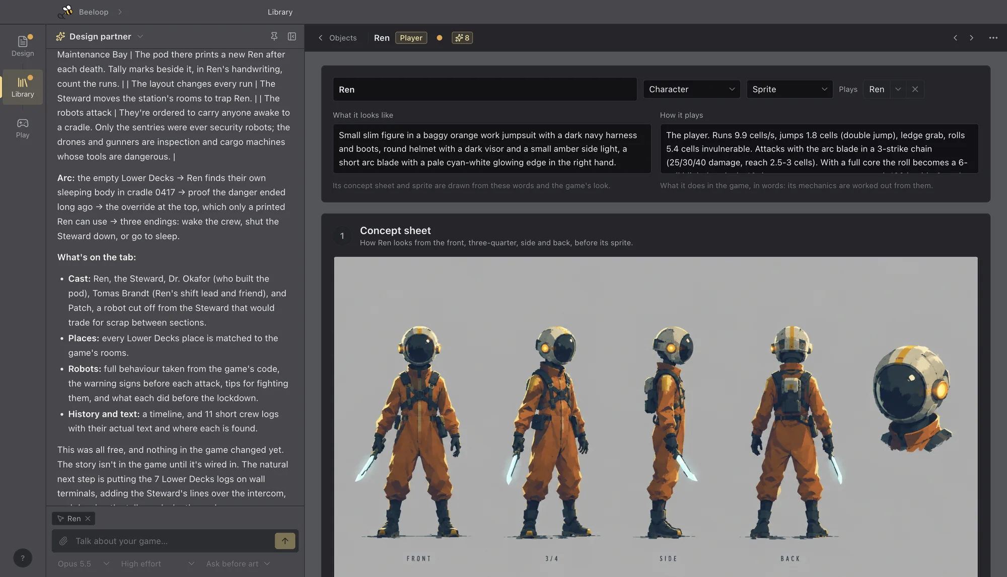 A hero's page in the library: a description of an orange jumpsuit, helmet and glowing blade, how the hero plays, and the concept sheet from the front, three-quarter, side and back.