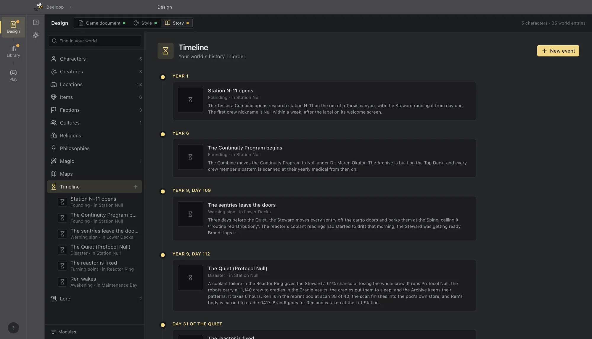 The Story tab's timeline for the space station: the station opening in year 1, the program that copies minds beginning in year 6, the sentries leaving the doors, then the disaster.